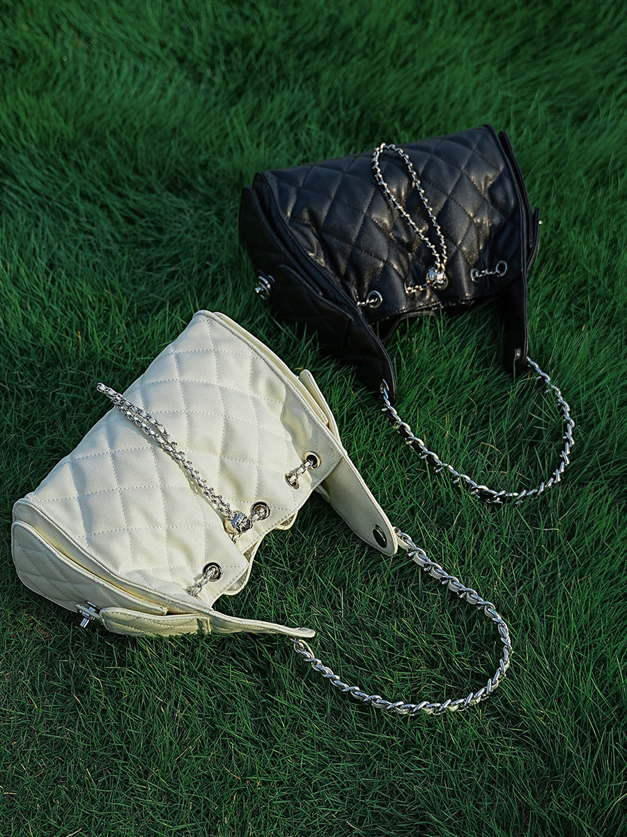 Hayesaura | Caviar Quilted Genuine Leather Drawstring Hobo Crossbody