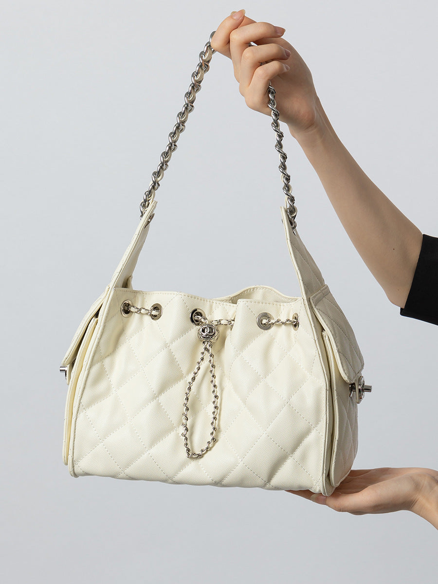 Hayesaura | Caviar Quilted Genuine Leather Drawstring Hobo Crossbody