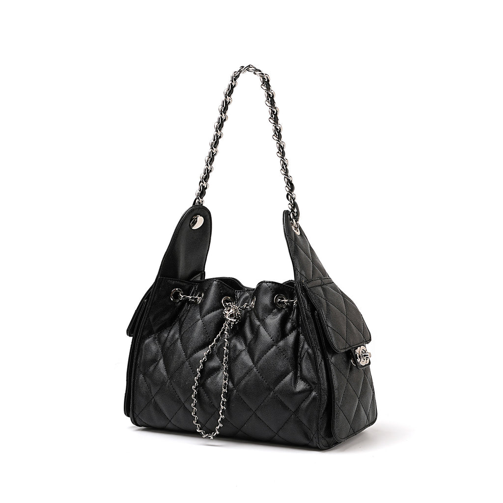 Hayesaura | Caviar Quilted Genuine Leather Drawstring Hobo Crossbody