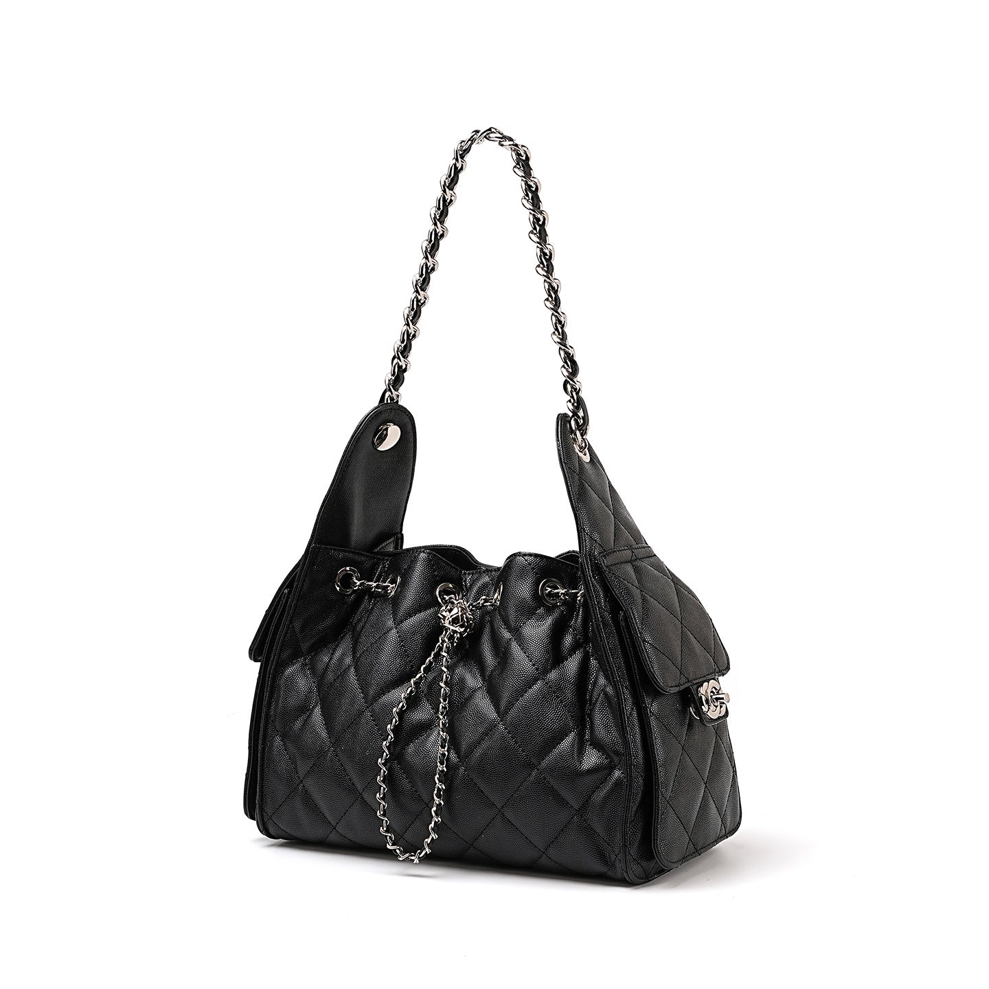 Hayesaura | Caviar Quilted Genuine Leather Drawstring Hobo Crossbody