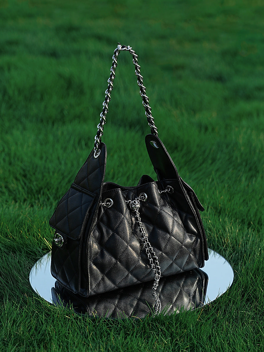 Hayesaura | Caviar Quilted Genuine Leather Drawstring Hobo Crossbody