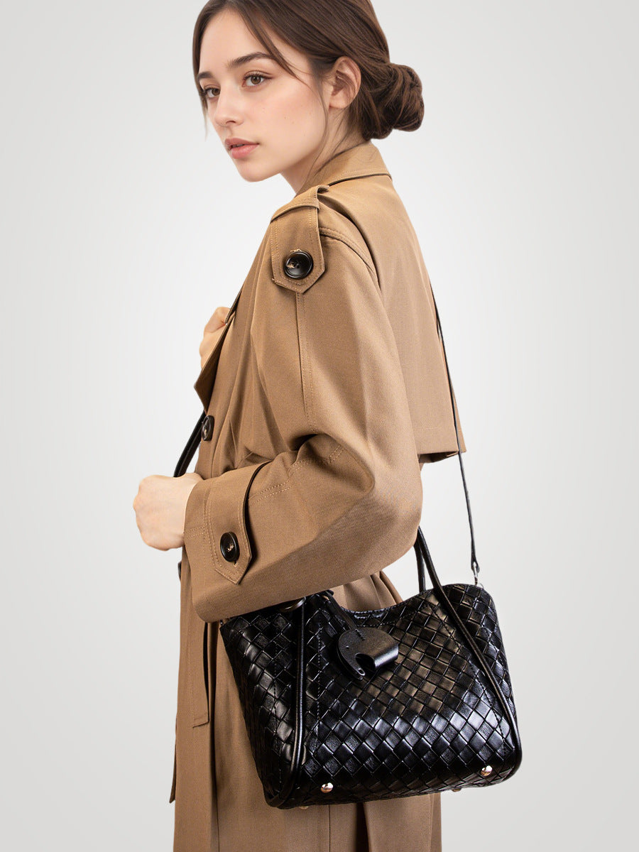 Hayesaura | 2026 Summer Woven Pattern Genuine Leather 2-in-1 Tote