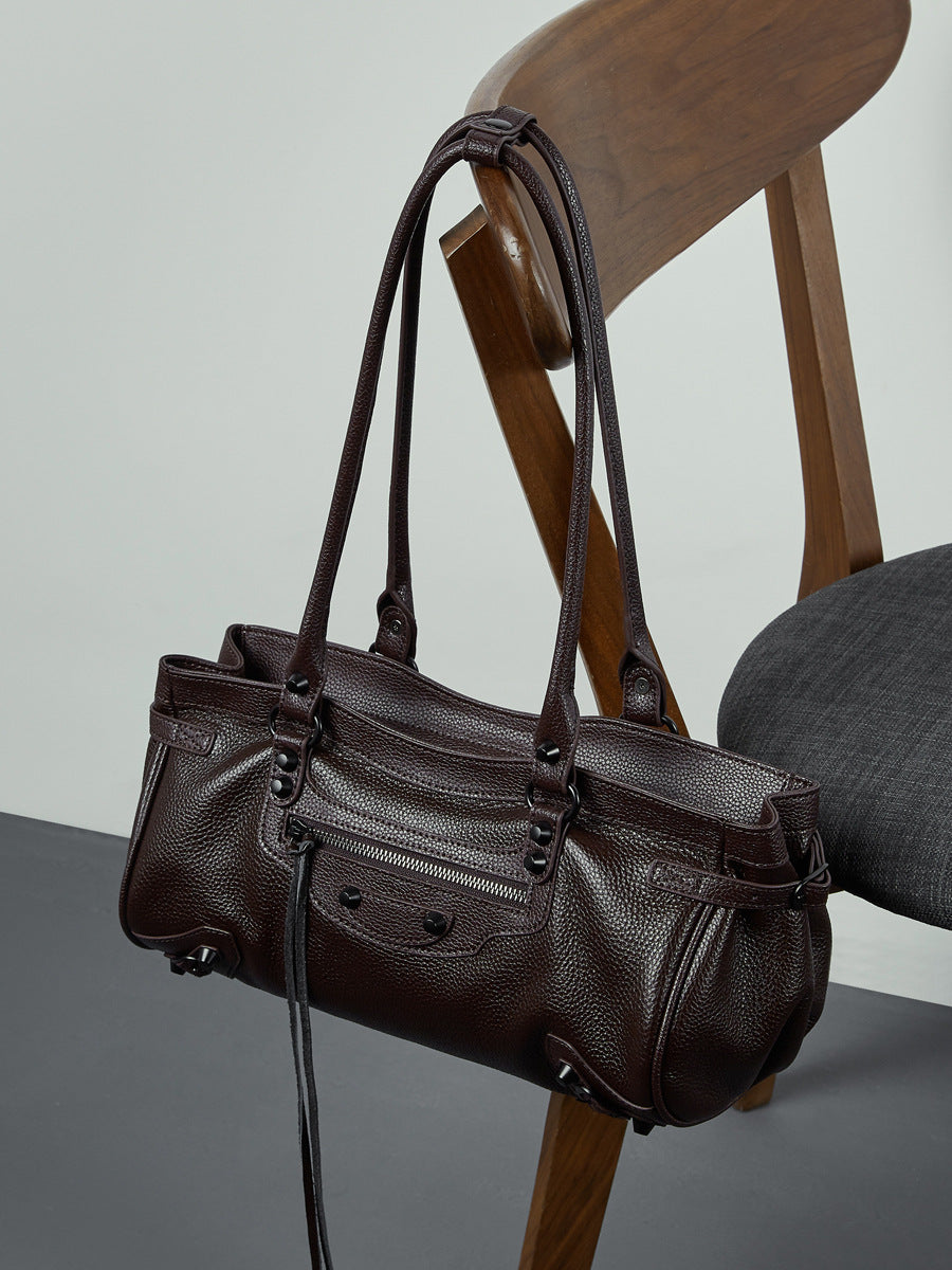 Hayesaura | ABG Punk Rivet Top-Layer Cowhide Motorcycle Baguette Bag