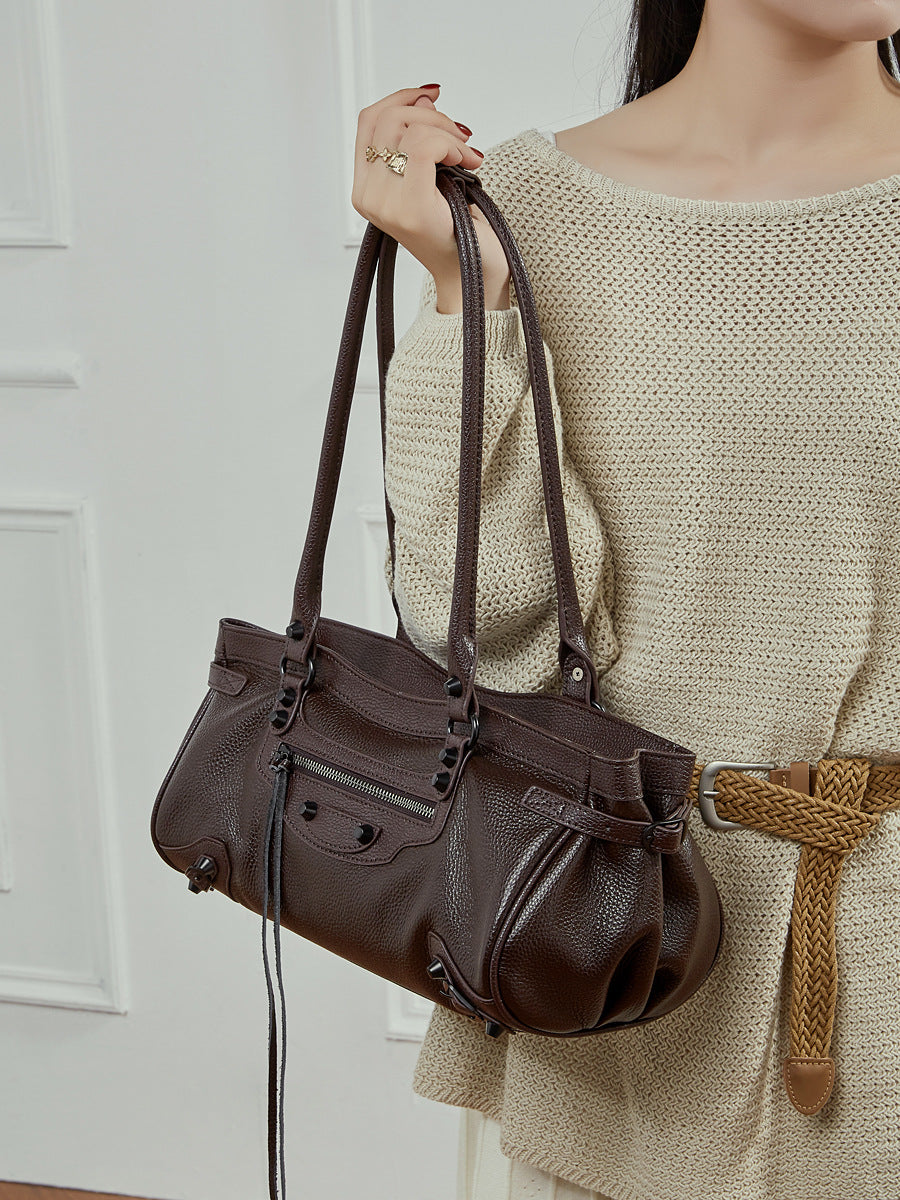 Hayesaura | ABG Punk Rivet Top-Layer Cowhide Motorcycle Baguette Bag