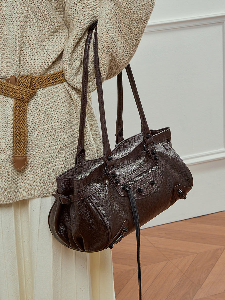 Hayesaura | ABG Punk Rivet Top-Layer Cowhide Motorcycle Baguette Bag
