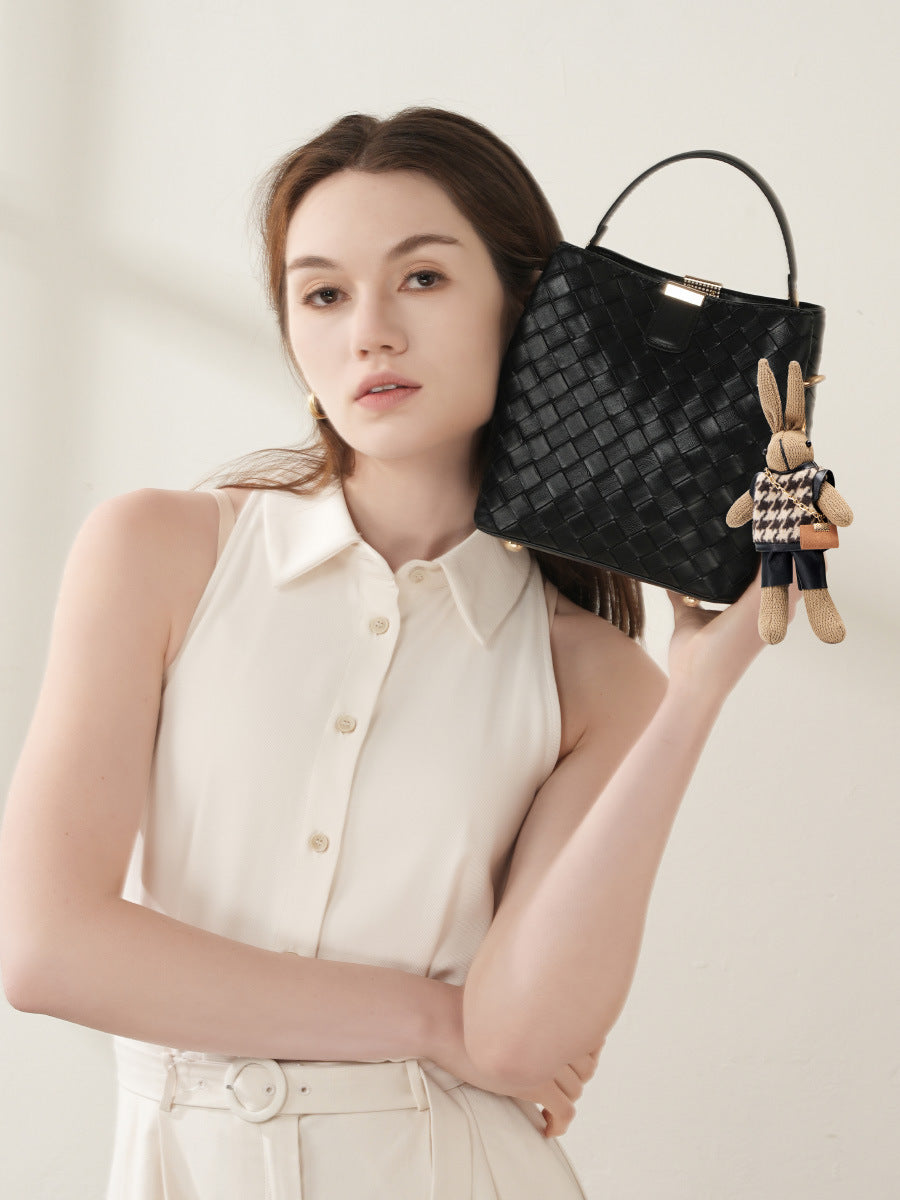 Hayesaura | Woven Large Capacity Genuine Leather Bucket Bag