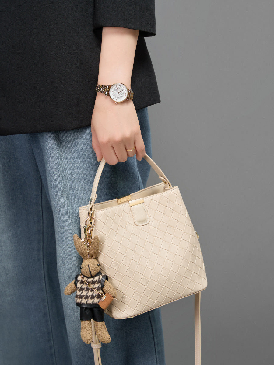 Hayesaura | Woven Large Capacity Genuine Leather Bucket Bag