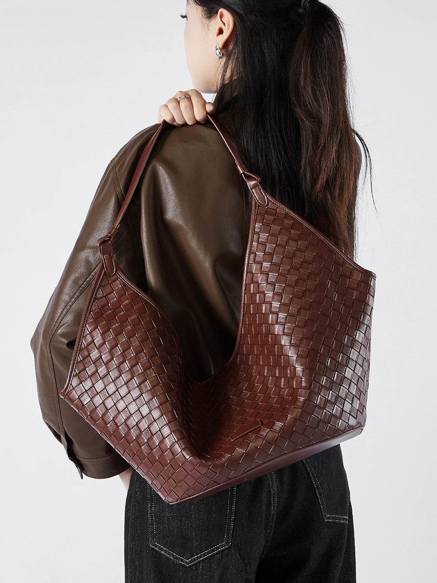 Hayesaura | Genuine Leather Woven Pattern Large Commuter Bag