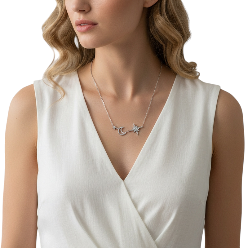 Hayesaura | Starlit Fantasy 18K Plated Star & Moon Tassel Moissanite | Ethereal Evening Drop Chain