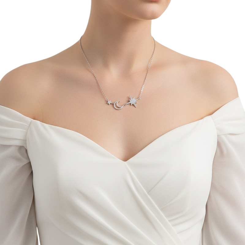 Hayesaura | Starlit Fantasy 18K Plated Star & Moon Tassel Moissanite | Ethereal Evening Drop Chain